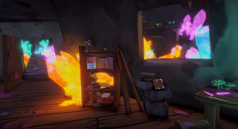 Screenshot featuring the insides of an abondened laboratory. It is filled with glowing crystals growing out of walls and cylindrical containers filled with glowing water. There are books and notes scattered everywhere.