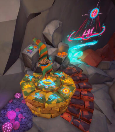 Screenshot featuring the ritual spot of Sonderlings (inhabitants of SONDER). There is a bowl filled with scrolls, wishes from Sonderlings that have visited this sacred place.