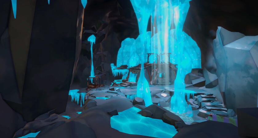 A screenshot of the in-game biome featuring icy stones and pillars and a research building at the center of the image.