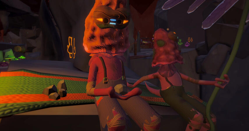 Screenshot featuring two NPCs in the game sitting at the edge of a cliff. One of them is holding a flower called Spinbloom.