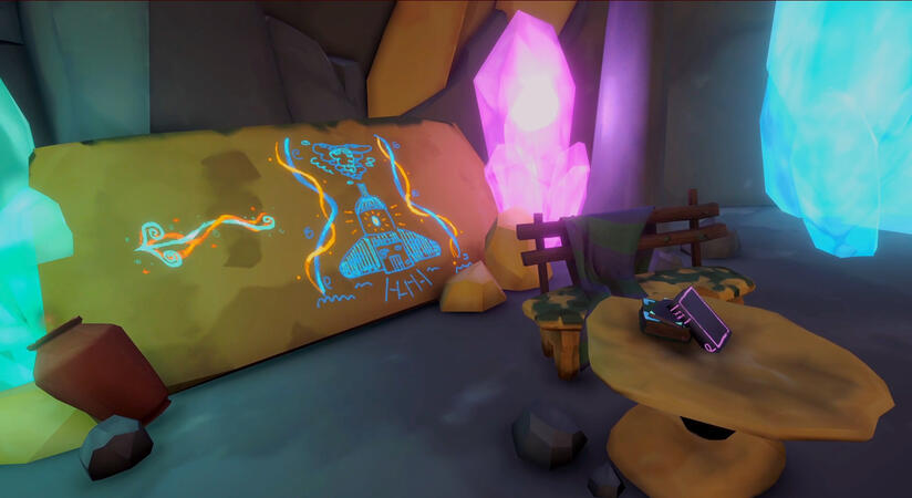 Screenshot featuring a table and a bench in front of a mural pointing the way to a resarch laboratory.