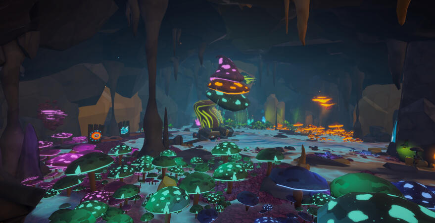 Screenshot of a flooded cave full of glowing mushrooms. A big mushroom tree is at the center of the cave.