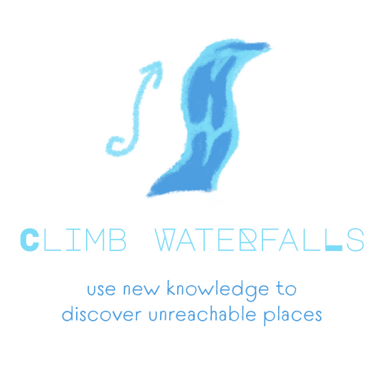 Drawing of a waterfall with an arrow pointing up left of the waterfall. A text states "Climb Waterfalls. Use your knowledge to reach undiscovered places"