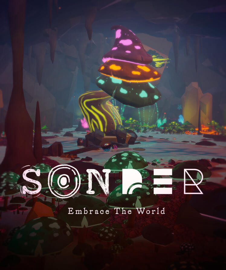 Capsule art of SONDER. Big glowing mushroom-tree in center of a partially flodded cave full of glowing, different coloured mushrooms.